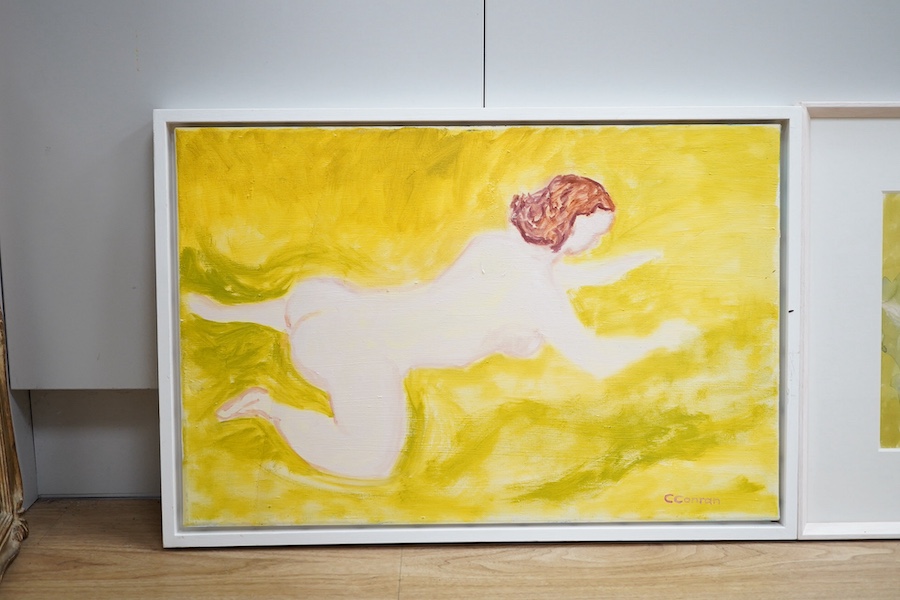 Caroline Conran (b.1939), oil on canvas, Study of a nude woman, together with a watercolour of the same subject, each signed, largest 40 x 60cm. Condition - good